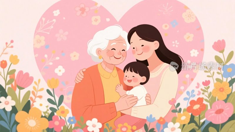 三代女性温馨相拥插画