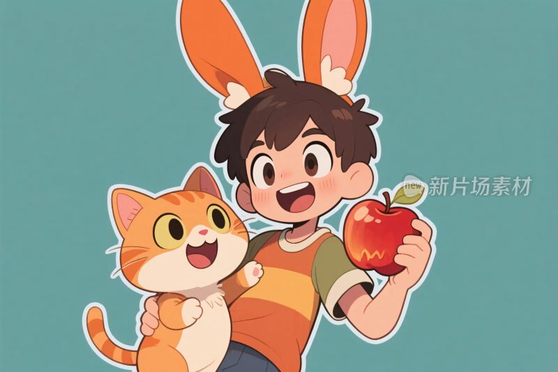 男孩抱猫持苹果兔耳插画