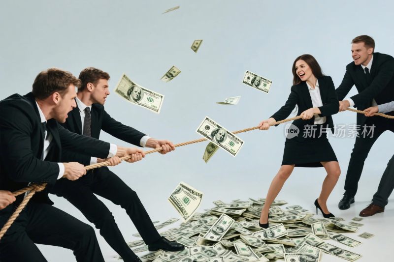 商务团队金钱拔河场景