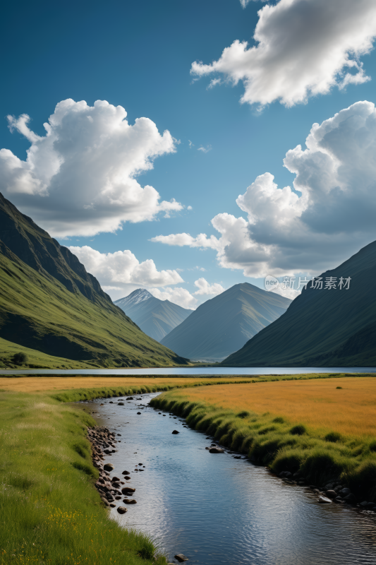 一条小溪流过一片草地高清风景图片