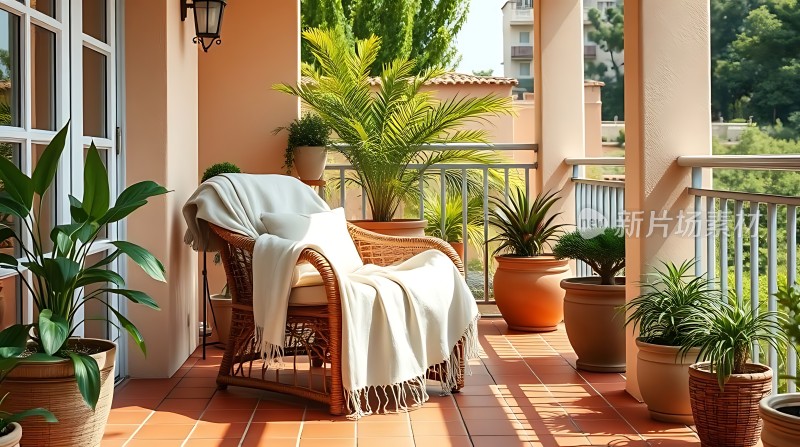 阳光午后绿意盎然的小阳台休闲时光