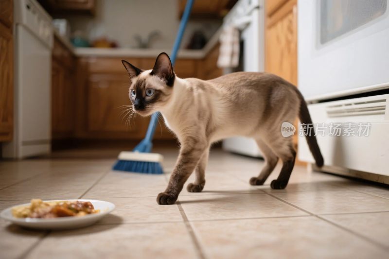 暹罗猫嗅盘子厨房场景