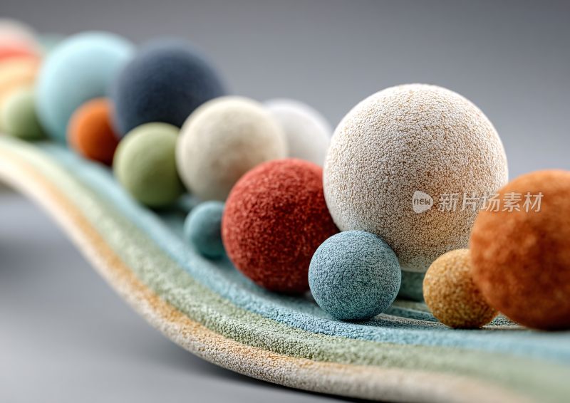 彩色绒球排列在织物上