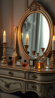 古董梳妆台上的香水瓶与蜡烛