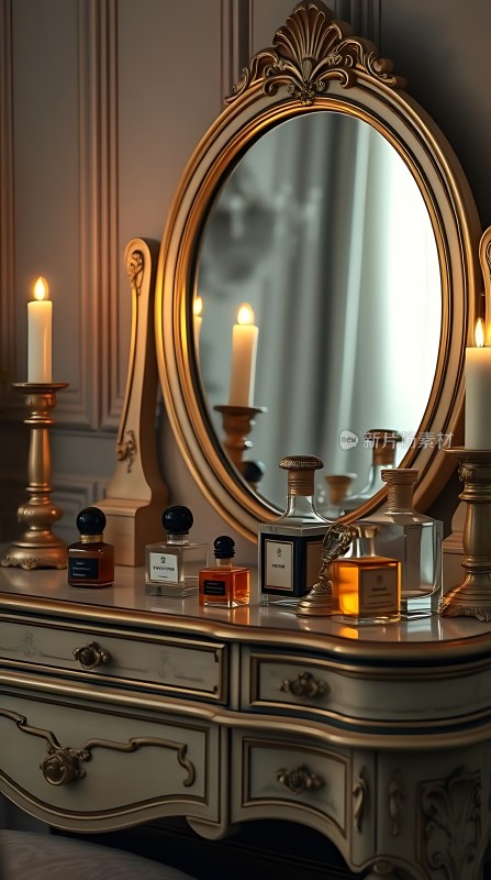 古董梳妆台上的香水瓶与蜡烛