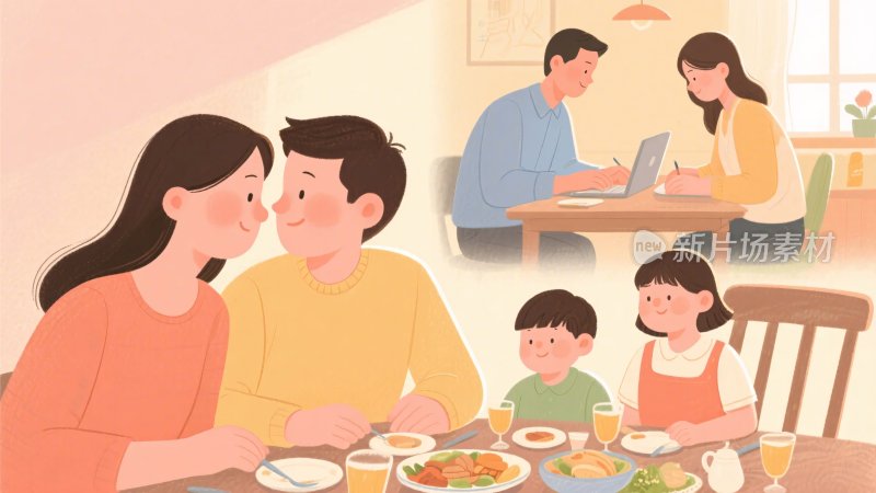 家庭温馨用餐场景插画