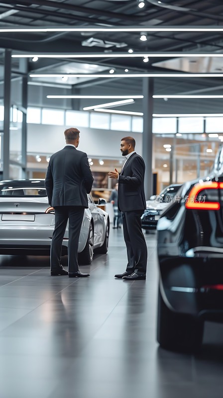 高端对话豪华汽车展厅里的商务洽谈