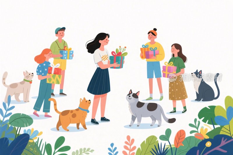 温暖宠物互动插画