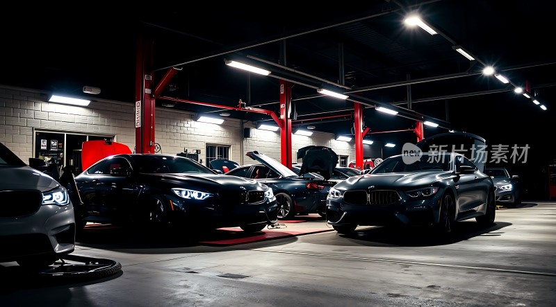 高端汽车维修车间豪华轿车整齐排列专业技师忙碌工作
