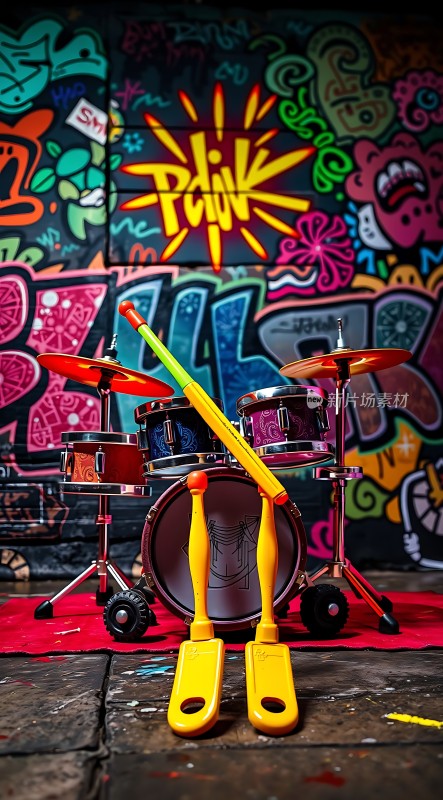 彩色涂鸦墙前儿童架子鼓