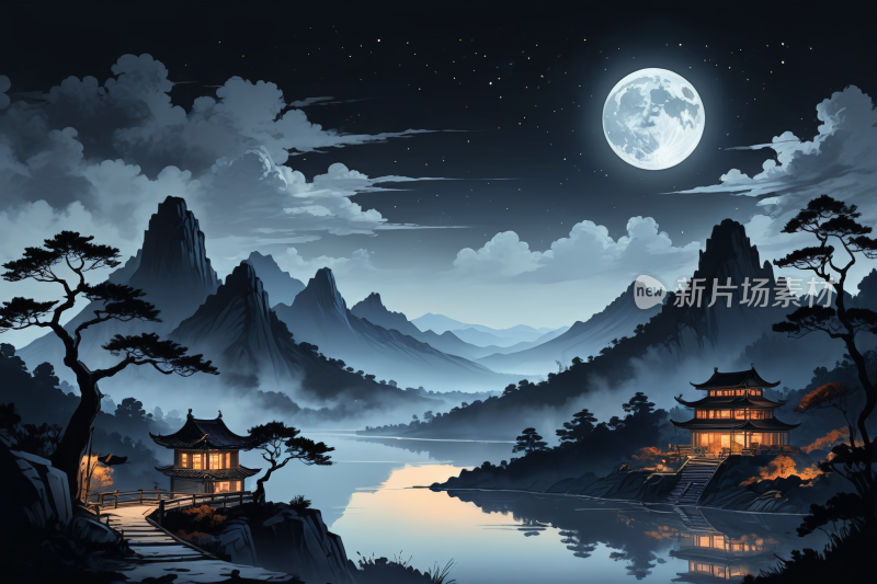 月圆山湖的夜景高清插图