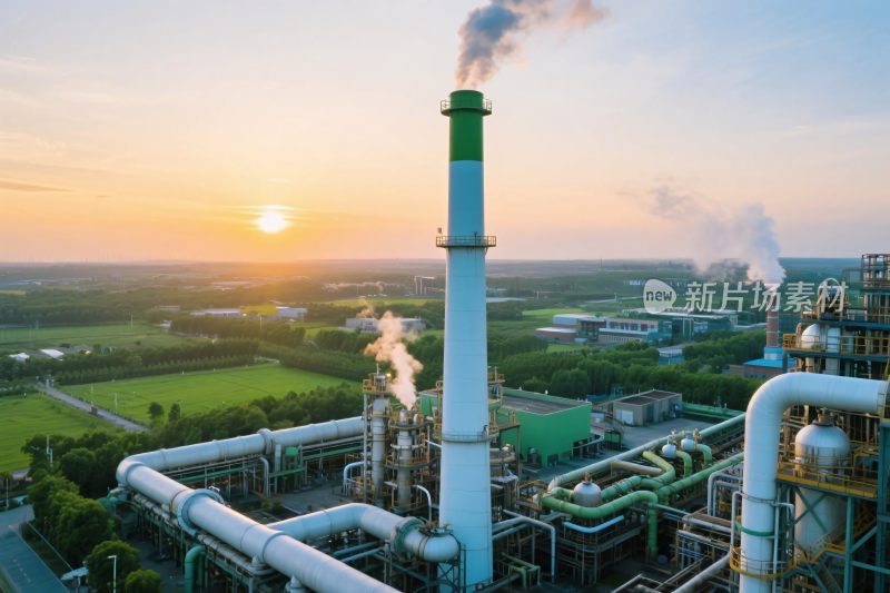工业厂区烟囱夕阳图