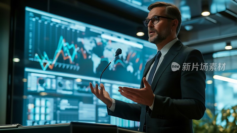 商务男士在数据分析中心发表演讲
