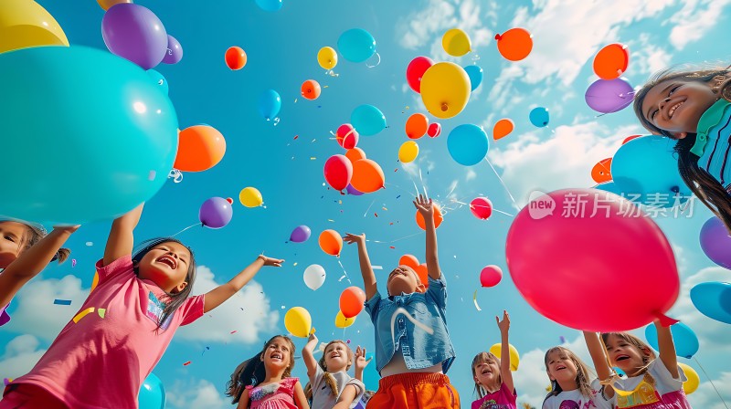 气球派对孩子们欢声笑语蓝天白云映衬下色彩缤纷
