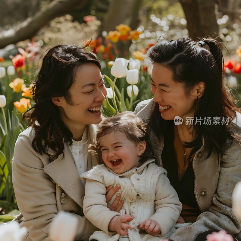 母女三人笑对镜头背景是盛开的郁金香