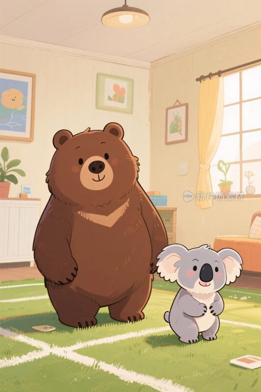 卡通熊与考拉的室内插画