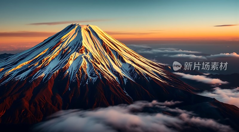 日出时分的富士山云海环绕景色壮丽