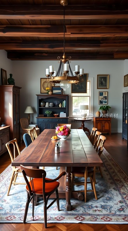 温馨餐厅木质餐桌椅与吊灯营造优雅氛围
