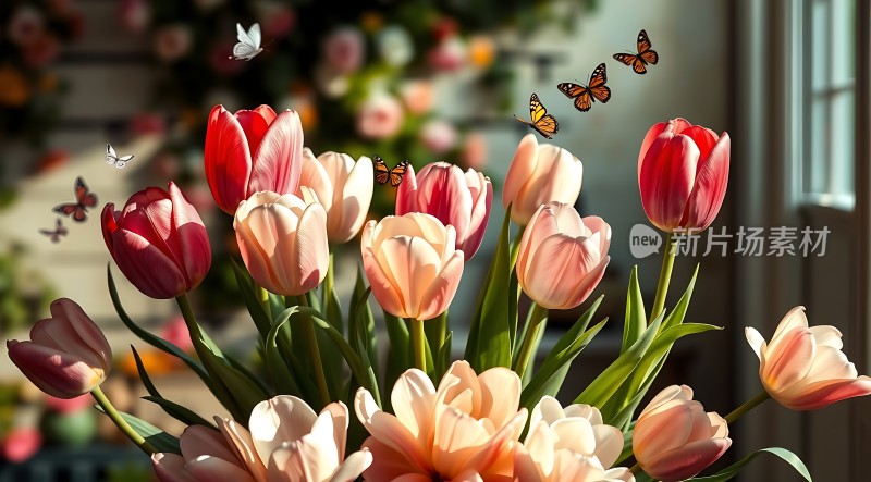 阳光下的郁金香与蝴蝶共舞