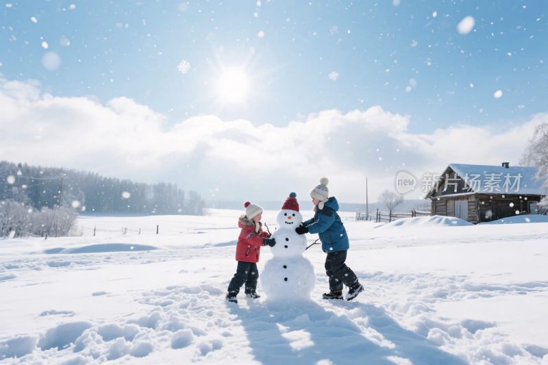 孩童堆雪人雪地场景