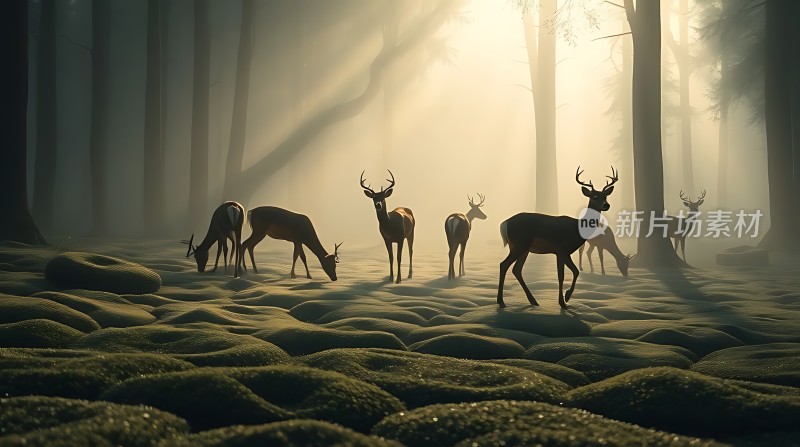 晨雾中的鹿群