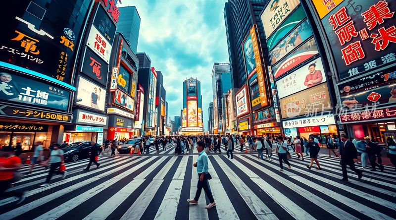 繁华都市街头霓虹闪烁人群熙攘