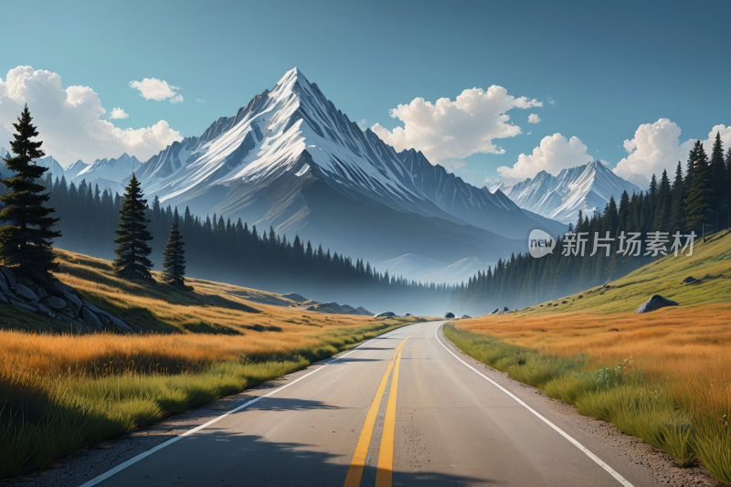 穿过山脉的道路的高清风景插画图片