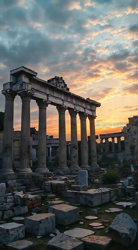 日落下的古建筑遗迹