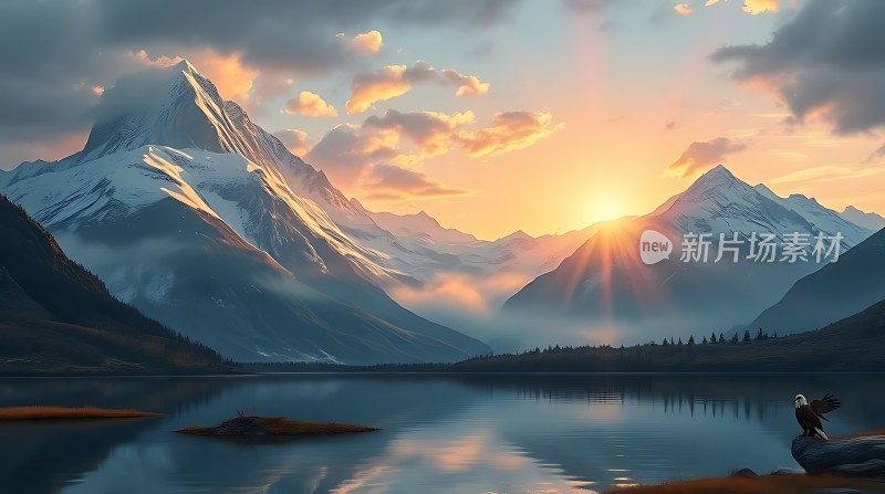 日出雪山湖畔美景