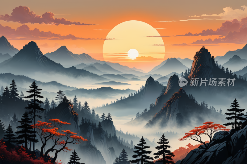 山上有树有夕阳高清插图