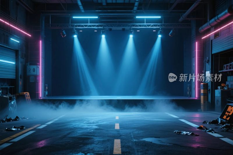 霓虹灯光下的空旷舞台场景