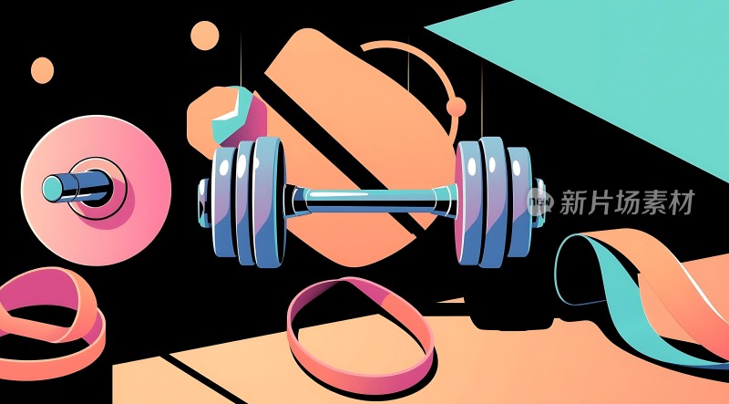 健身器材展示杠铃与弹力带