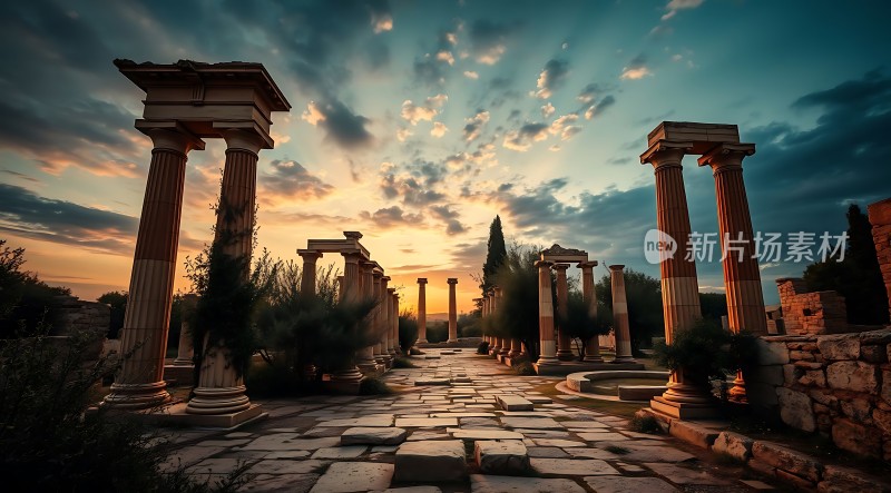 日落下的古老遗迹