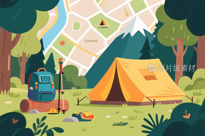 森林中的露营场景插画
