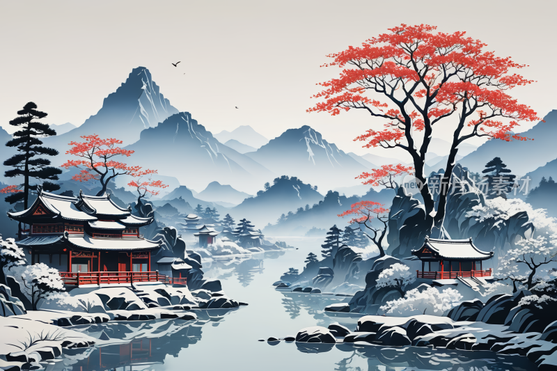 山水风景插画高清图片