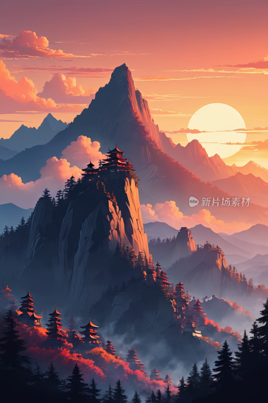 日落的山脉几棵树高清风景插图片