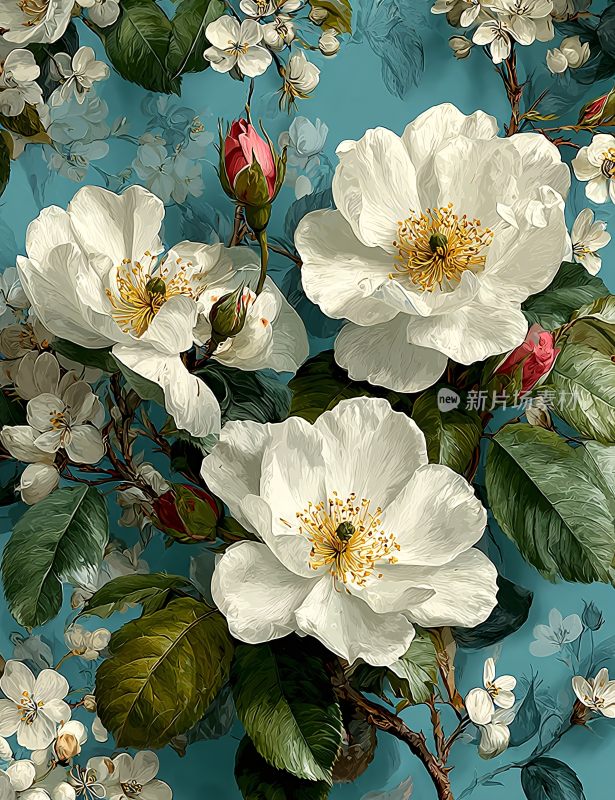 蓝底白花卉插画图案