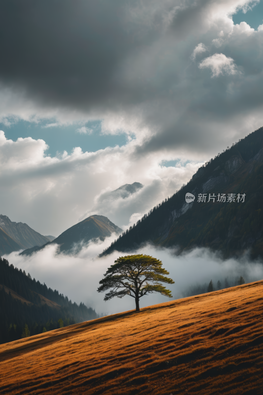 山上一棵孤树一座高山清风景图片