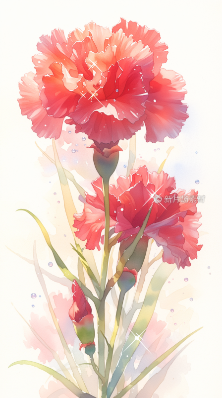 母亲节康乃馨水彩插画红色系花卉
