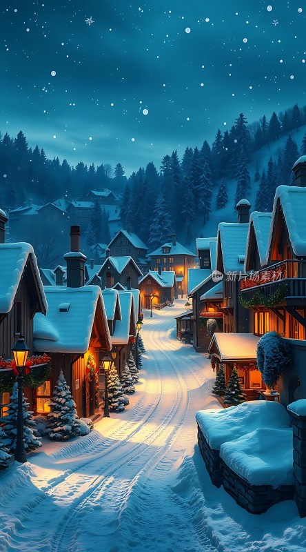 雪夜小镇温馨宁静