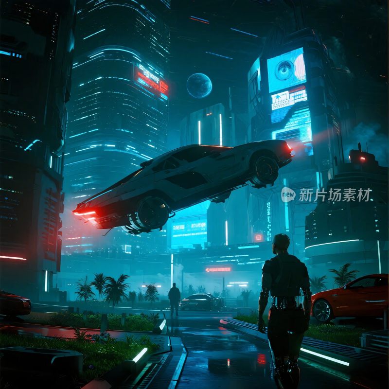 科幻未来都市飞行汽车场景