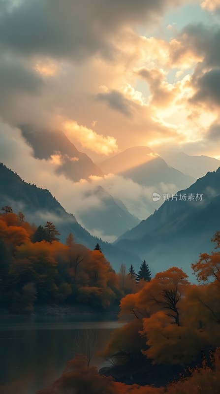 秋日山湖日落图