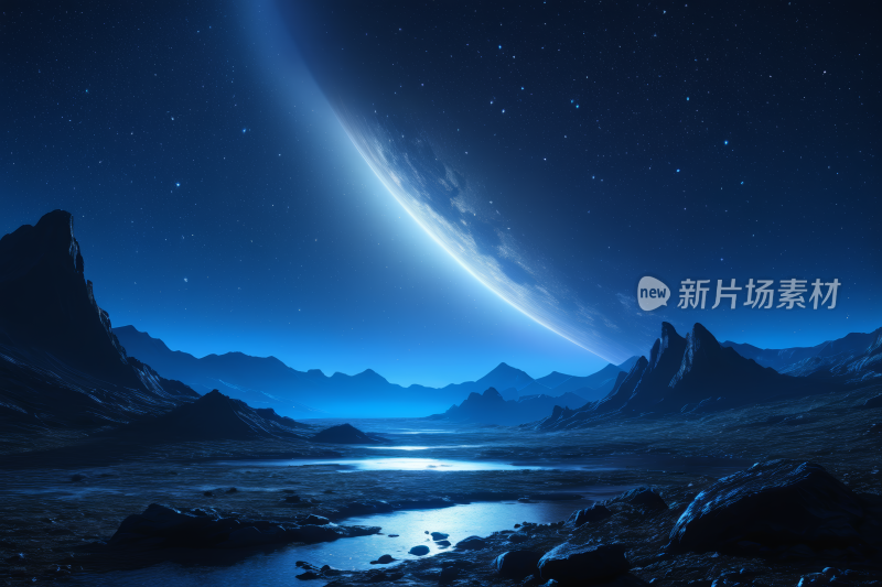 俯瞰山脉河流和遥远星球的景色高清图片