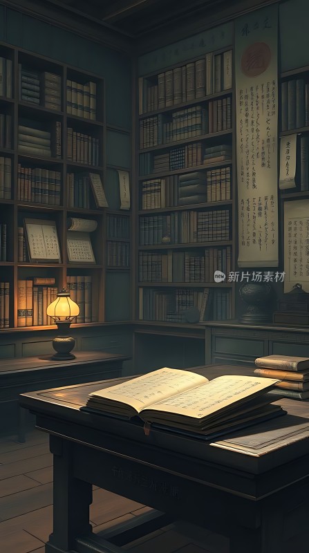 古色古香书房静谧夜晚阅读时光