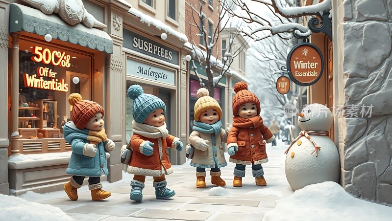 冬日街头孩子们欢聚雪人旁享受冬季购物乐趣