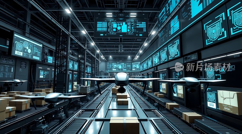 未来科技仓库无人机与传送带系统