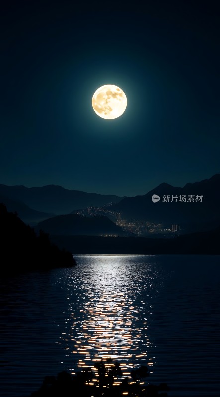 湖畔月影映波光