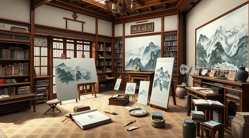 古风画室墨香四溢山水画卷艺术氛围浓厚
