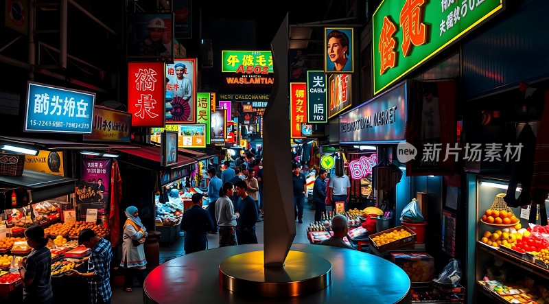 繁华夜市霓虹闪烁热闹非凡