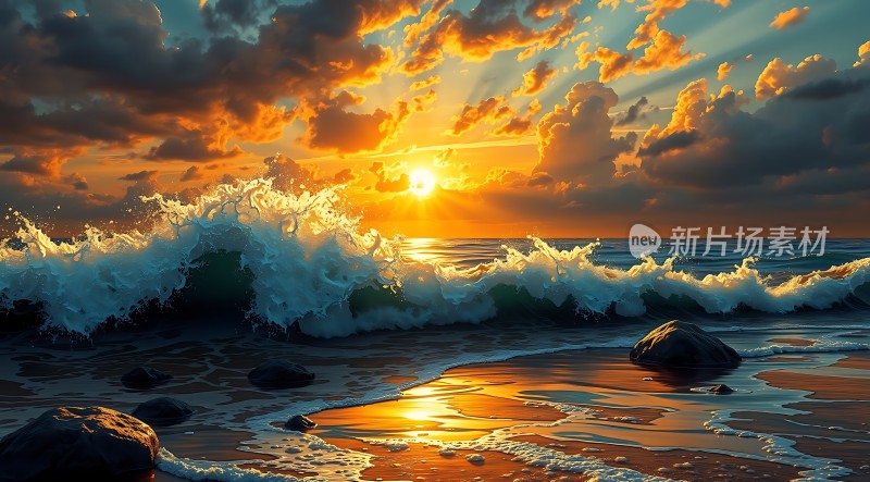 日落时分的海洋与岩石